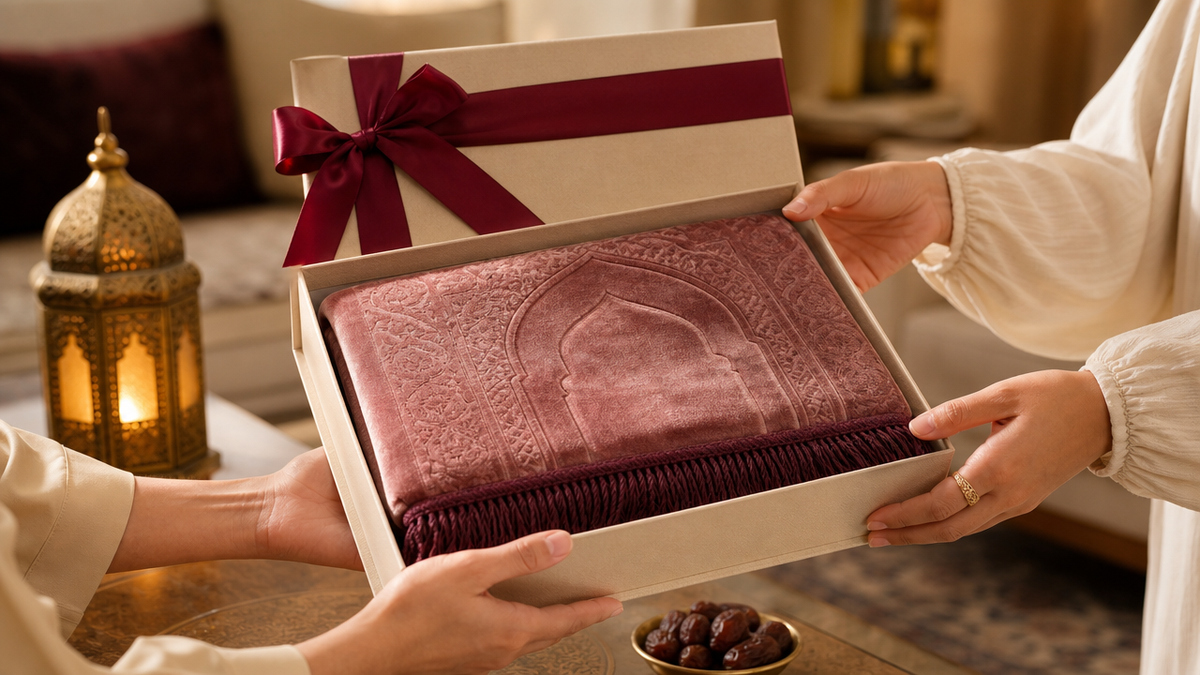 Geschenkübergabe eines personalisierten Gebetsteppichs in einer Geschenkbox mit burgunderroter Schleife