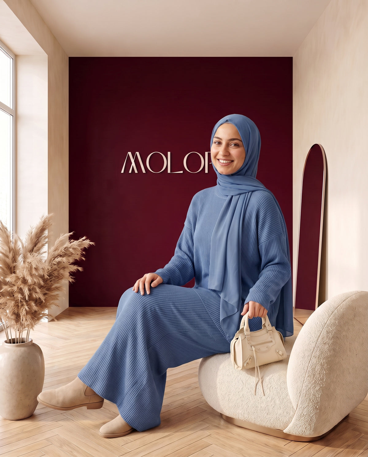 Strick-Zweiteiler Pullover und Hose Blaugrau – Sitzend