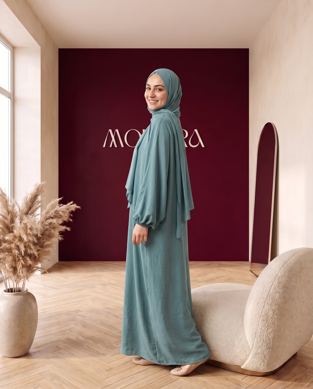 Crinkle-Abaya mit Schal Petrol – Rückenansicht