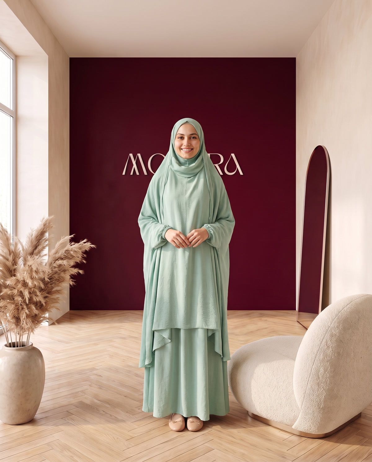 Abayah Zweiteiler in Mint - Khimar und Rock von vorne