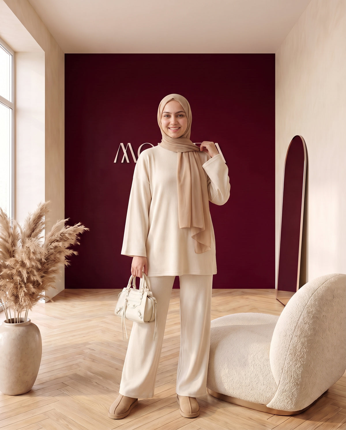 Strick-Zweiteiler Pullover und Hose Beige – Dreiviertelansicht