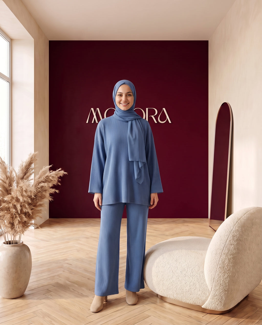 Strick-Zweiteiler Pullover und Hose Blaugrau – Vorderansicht