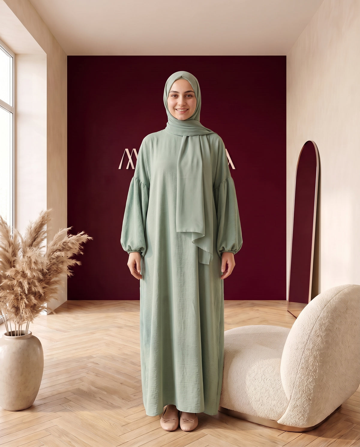 Crinkle-Abaya mit Schal Salbeigrün – Vorderansicht