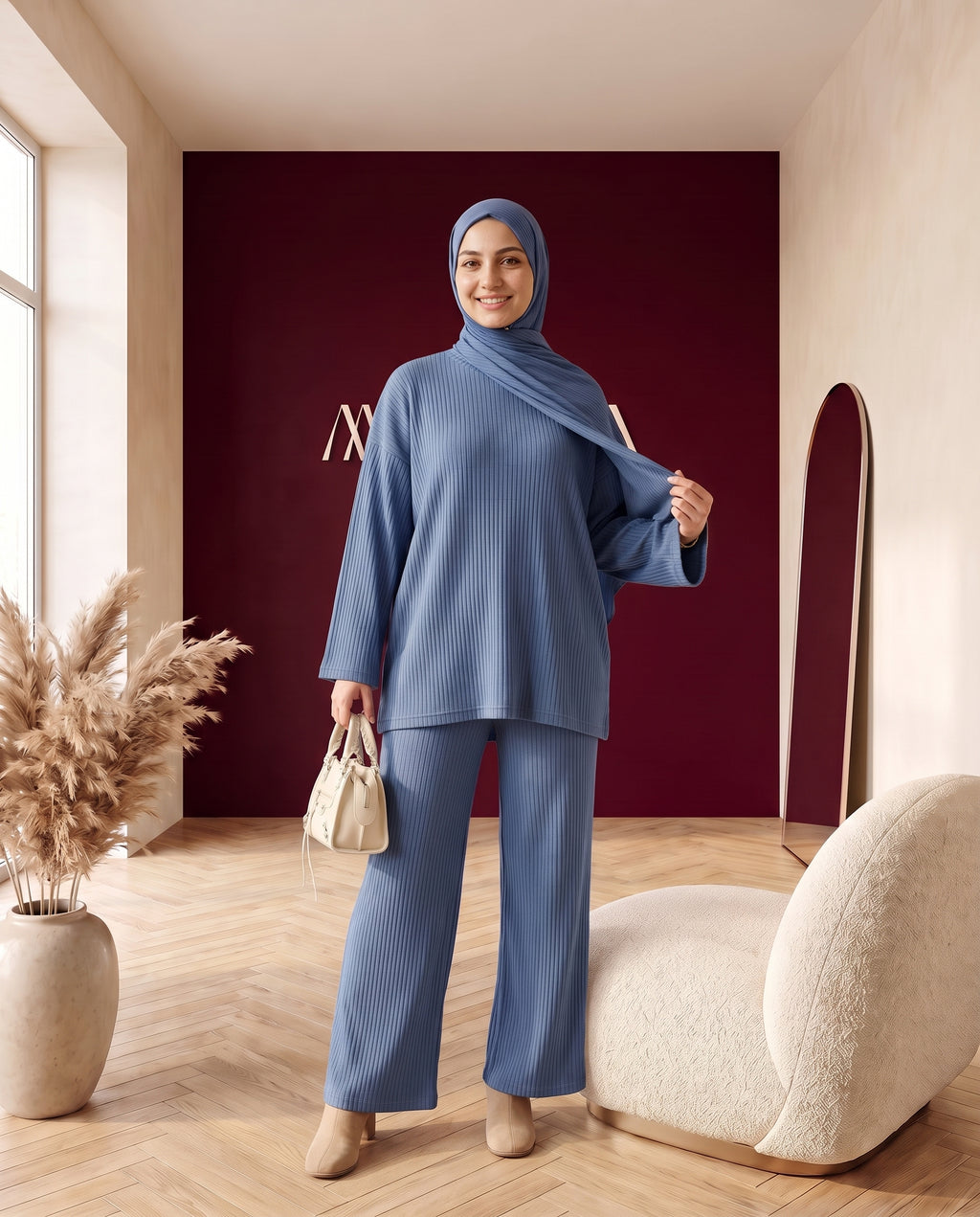 Strick-Zweiteiler Pullover und Hose Blaugrau – Dreiviertelansicht