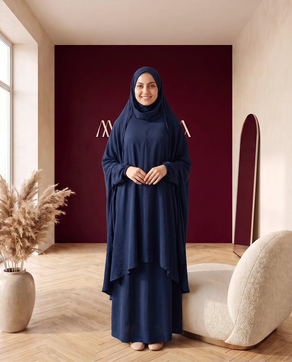 Abayah Zweiteiler in Dunkelblau - Khimar und Rock von vorne