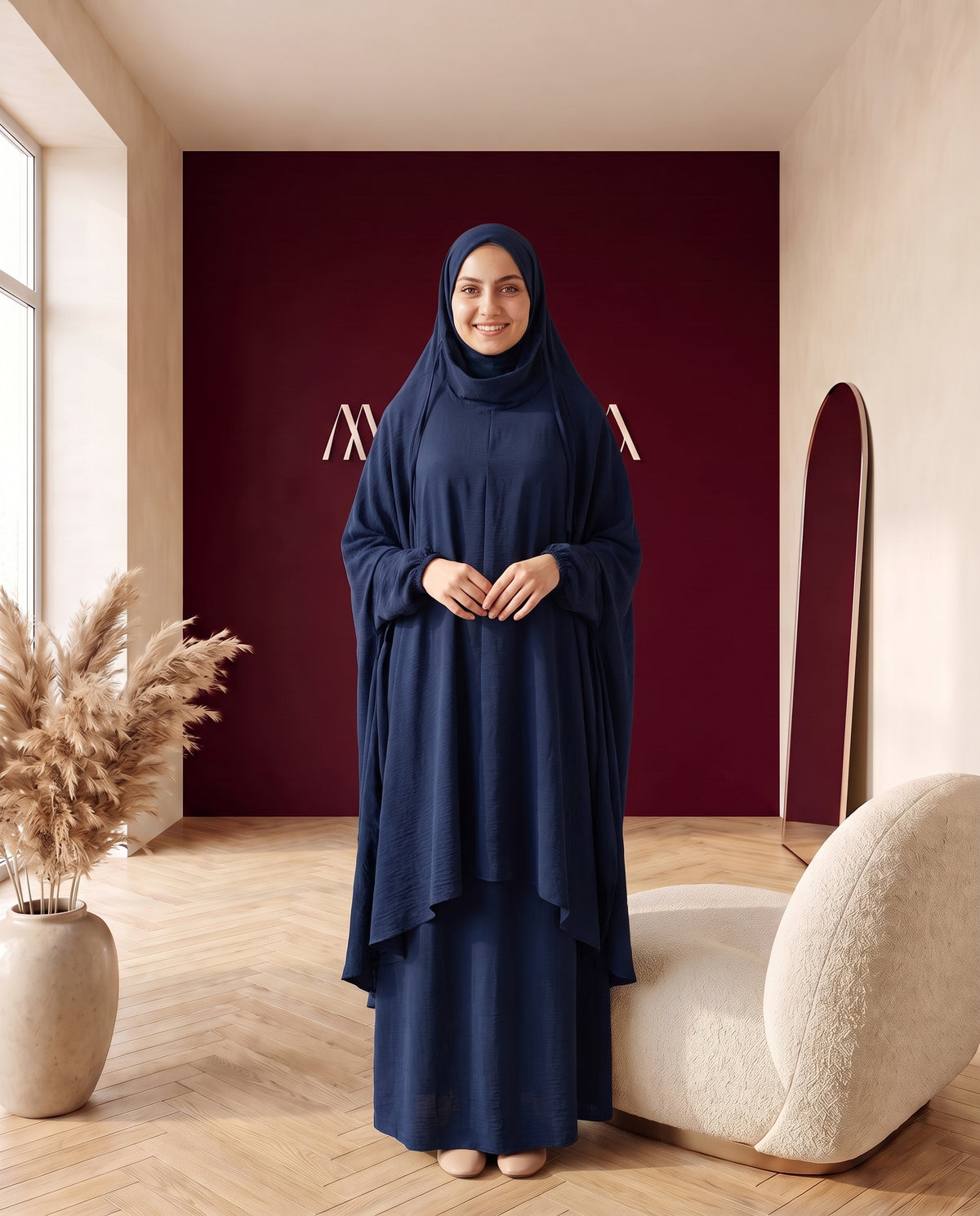Abayah Zweiteiler in Dunkelblau - Khimar und Rock von vorne