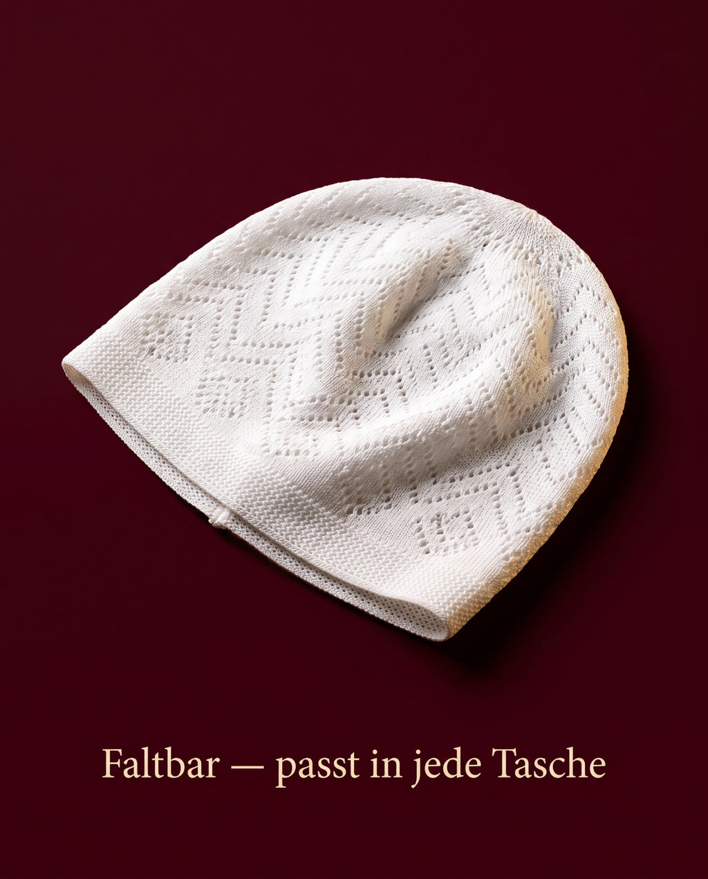 Zusammengefaltete weisse Gebetsmuetze - passt in jede Tasche